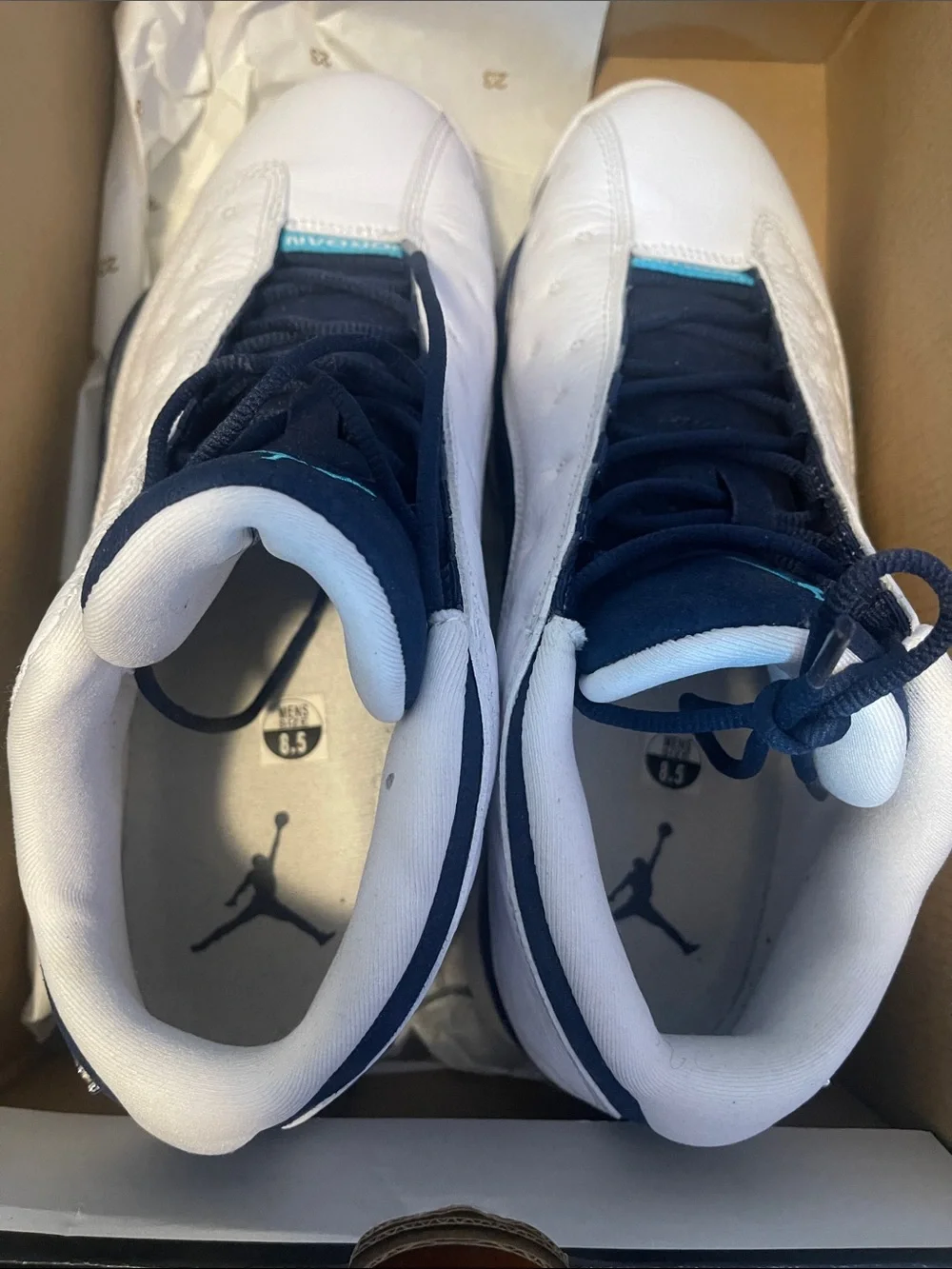 Jordan White and Navy Low-Top Sneakers with Aqua Accent